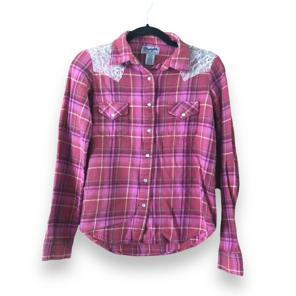 Wrangler Wrancher Pearl Snap Pink Plaid Flannel Shirt Lace Size Medium Western